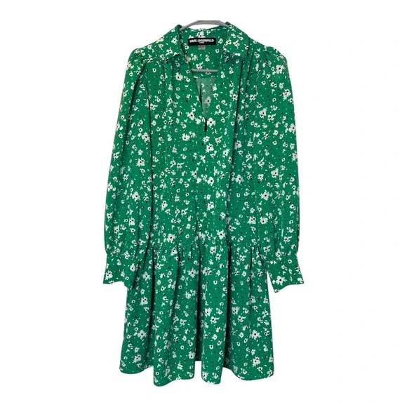 Karl Lagerfeld Paris Size-4 Green Floral Shirt Dress Long Sleeve Ruffle Zip - Picture 1 of 16